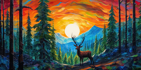 Modern Abstract Art Acrylic Oil Painting of Mountains Landscape, Forest with Fir Trees, Deer, and Sunrise in the Morning - obrazy, fototapety, plakaty
