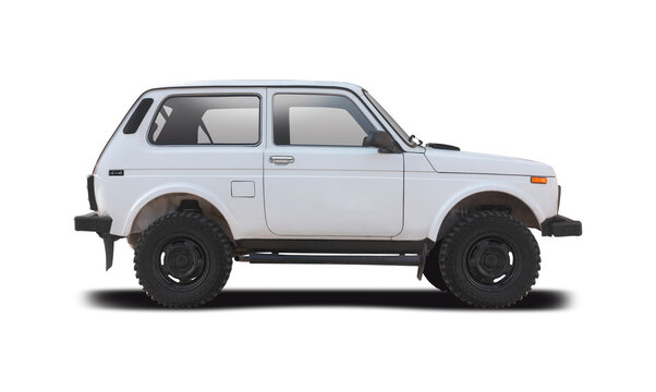 Lada Niva SUV car, side view isolated on white background	
