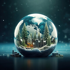 Christmas and Global Warming in a Snow Globe, Generative AI illustration on Sustainability and Climate Change