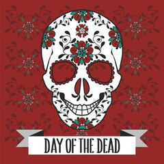 Mexican Day of the Dead illustration with Death Mask Skull with flowers ornament. Holiday card, vector