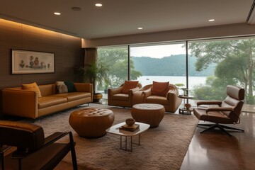 Contemporary luminous opulent lounge amidst woodland residence with a stunning lake vista. Generative AI