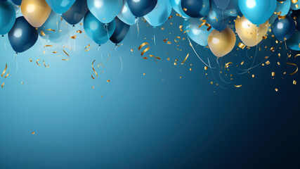 Celebration, birthday, wedding, ballons blue golden, golden ribbons, flying on the top of image, blue background, texture, card