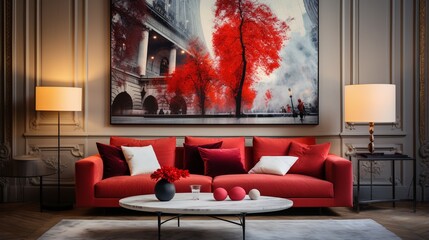 Generative AI. Stylish interior in red and white colors