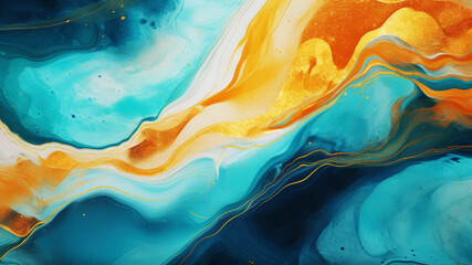 Marbled oil acryl painted texture, liquid fluid abstract background, blue, golden flowing paints,...