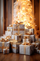 Christmas gifts. A lot of gifts wrapped in gold paper for Christmas night.