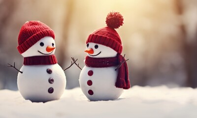 Winter holiday christmas background banner - Closeup of two cute knitted funny laughing snowmen with red wool hat and scarf, on snowy snow snowscape, illuminated by the sun.. - obrazy, fototapety, plakaty