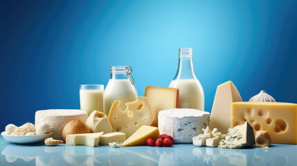Various dairy products on blue background