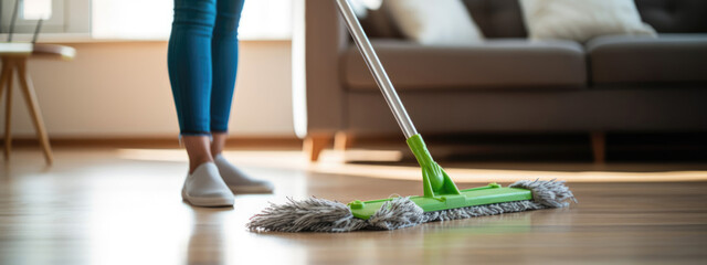 Low section of young woman cleaning floor with wet mop at home. - obrazy, fototapety, plakaty