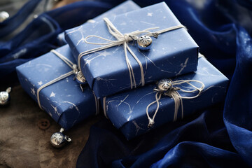 Indigo And Silver Wrapped Presents With Dangling Stars
