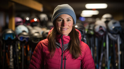 Fototapeta premium Woman picks out ski equipment for the mountains at the store