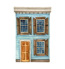 Watercolor illustration of a blue wooden house with window shutters.