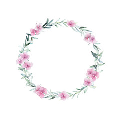 Watercolor wreath with delicate  pink hydrangea flowers, eucalyptus branches. Hand drawn floral illustration on white background.  Vintage frame, for wedding, invitation