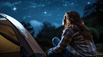Female camper looks up at the night sky and stars next to her tent in nature