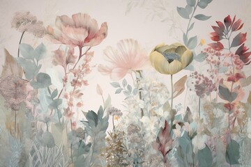 Floral backdrop with soft pastel hues and an artistic depiction of leafy details. Generative AI