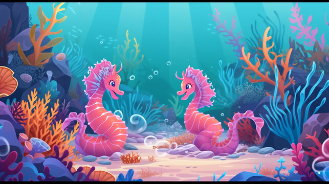 Seahorses in animation style. AI Generated