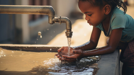 African child extends his hands toward a faucet of clean water. - obrazy, fototapety, plakaty