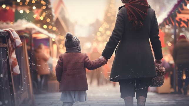 A mom and her baby walk through the Christmas fairgrounds. AI Generated