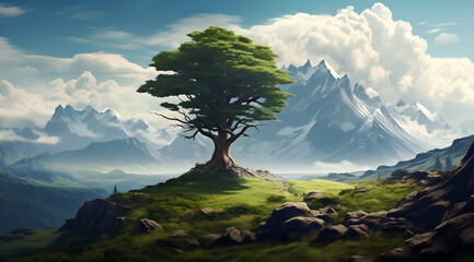 A Beautiful Mountain tree view with the top of the mountain, generative ai. - obrazy, fototapety, plakaty