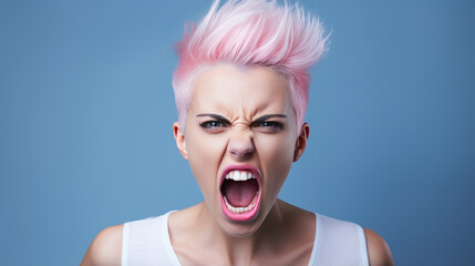 Angry woman screams against a blue background - obrazy, fototapety, plakaty