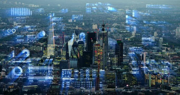 
Futuristic Aerial Skyline of London With Stock Exchange Figures. Animated Financial Information Related To Stock Market, Trading, Candlestick Pattern, Bear Market, Bull Market, Trading, Big data, AI.