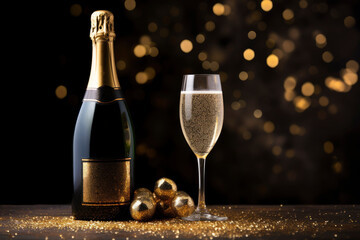 Champagne bottle and two glasses with ribbons on black blurred lights background.