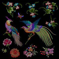 Embroidery Shinoiserie Birds of Paradise, Flowers, Butterflies.