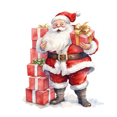Santa Carrying Gifts For Christmas Event. Watercolor Style. AI Generated