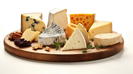 Cheese plate with different types of cheeses on a wooden plate on white background