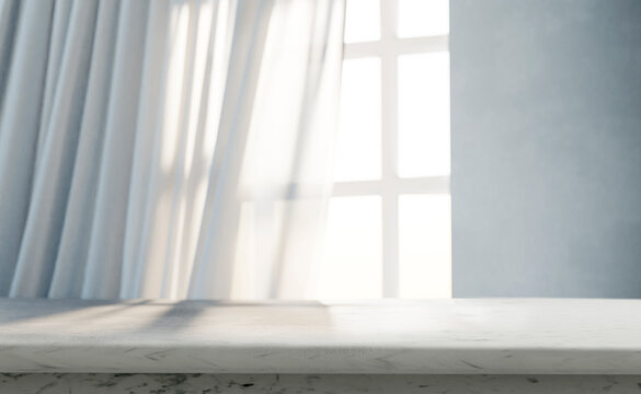 Empty marble desk in front of window light and white curtains. Home interior with table countertop. Product placement display in luxury house.