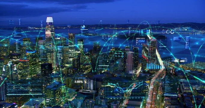 Aerial Skyline of San Francisco with Network Connections and Financial Figures. Downtown San Francisco with Augmented Reality Holographic Elements.
