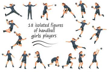 18 figures of girls playing handball in black uniforms training, standing, running, rushing, jumping, catching, throwing the ball