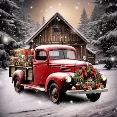 Foto op Plexiglas Schip Old red Christmas truck on a snowy road
