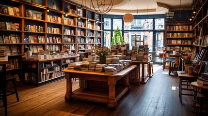 A cozy bookshop with wooden shelves, the space above the counter waiting for literary event promotions or branding. - obrazy, fototapety, plakaty