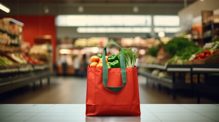 Shopping bag with groceries on wooden table in front of blurry grocery shop - obrazy, fototapety, plakaty