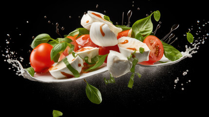 Mozzarella cheese balls, tomatoes and basil leaves for caprese salad flying on black background.