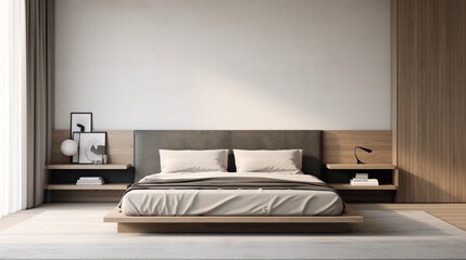 A minimalist bedroom in grayscale, the bed's headboard wall blank for art or messages.