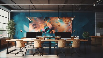 A modern co-working space with empty desks, the wall space awaiting motivational quotes or workspace branding.