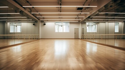 A modern dance studio with mirrors, the floor's reflection providing space for dance tutorials or branding. - obrazy, fototapety, plakaty