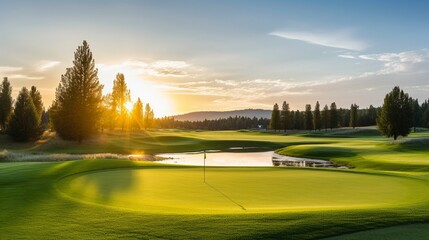 A pristine golf course at dawn, the green fairway offering space for golfing tips or event promotions. - obrazy, fototapety, plakaty
