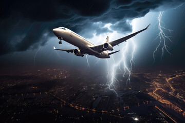 Obraz premium Airplane Is Flying In The Sky With A Lot Of Lightning