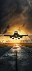 Airplane Landing At Airport In Stormy Weather During Sunset Cell Phone Wallpaper
