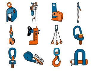 Lifting the load. Hooks and winches for moving and lifting cargo at a construction site. Lifting of metal products. A set of vector illustrations on a white background