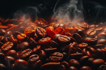 Macro detailed roasted coffee beans with flying smoke on black background.