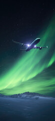 Airplane Flies With Lights Against The Northern Lights