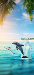 Blurred Palm Tree Glittered On Sand With Tropical Beach Bokeh Ocean With Dolphins. Cell Phone Wallpaper