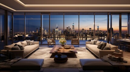 A sophisticated penthouse living area with panoramic windows, the city skyline offering vast copy space.