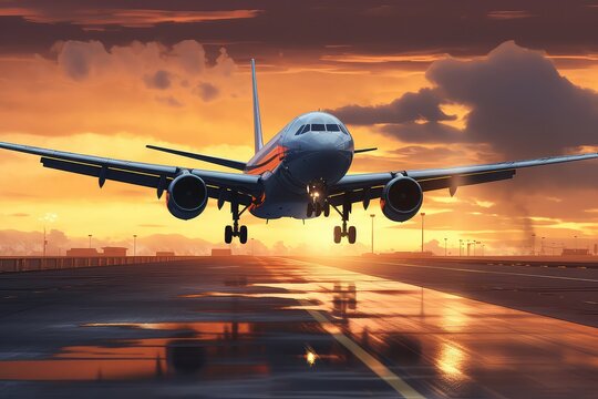 Airplane Landing At Airport In Stormy Weather During Sunset