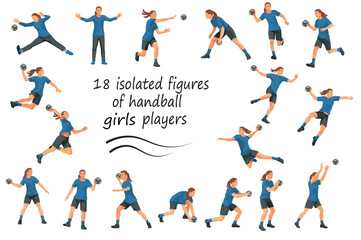 Fototapeta na wymiar Team of girls playing women's handball in blue T-shirts in various poses training, running, jumping, throwing the ball on a white background