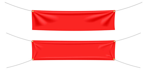 Obraz premium Red textile banners with folds. Blank hanging fabric template collection. Png clipart isolated on transparent background