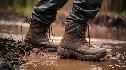 Pair of dirty  walking boots covered in mud and water, waterproof, outdoors concept - obrazy, fototapety, plakaty